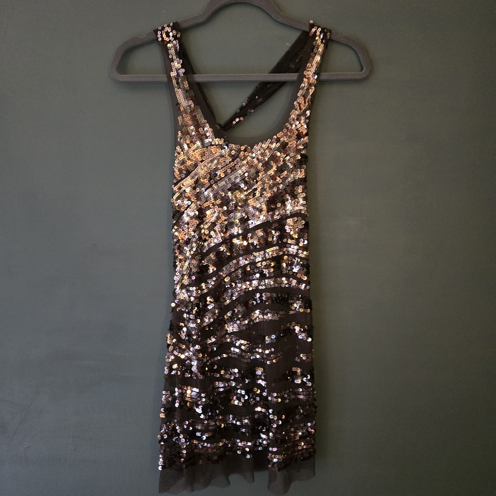Sheer silver sequin sheer gray halter top small